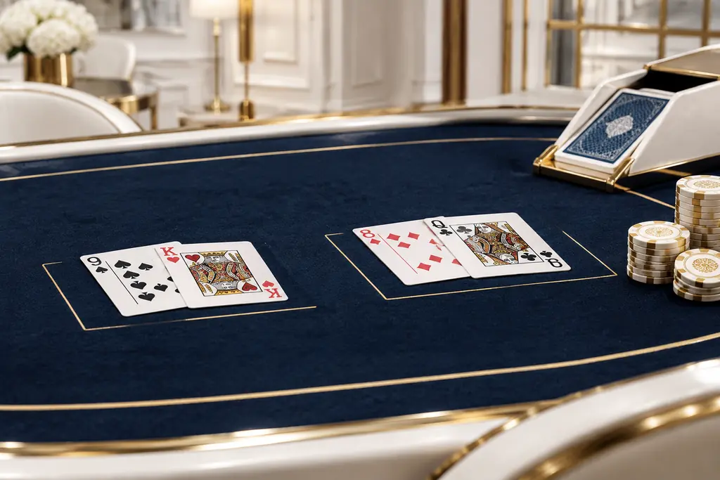 Ilustrasi meja baccarat dengan dua susunan kartu, sepatu kartu, dan keping.