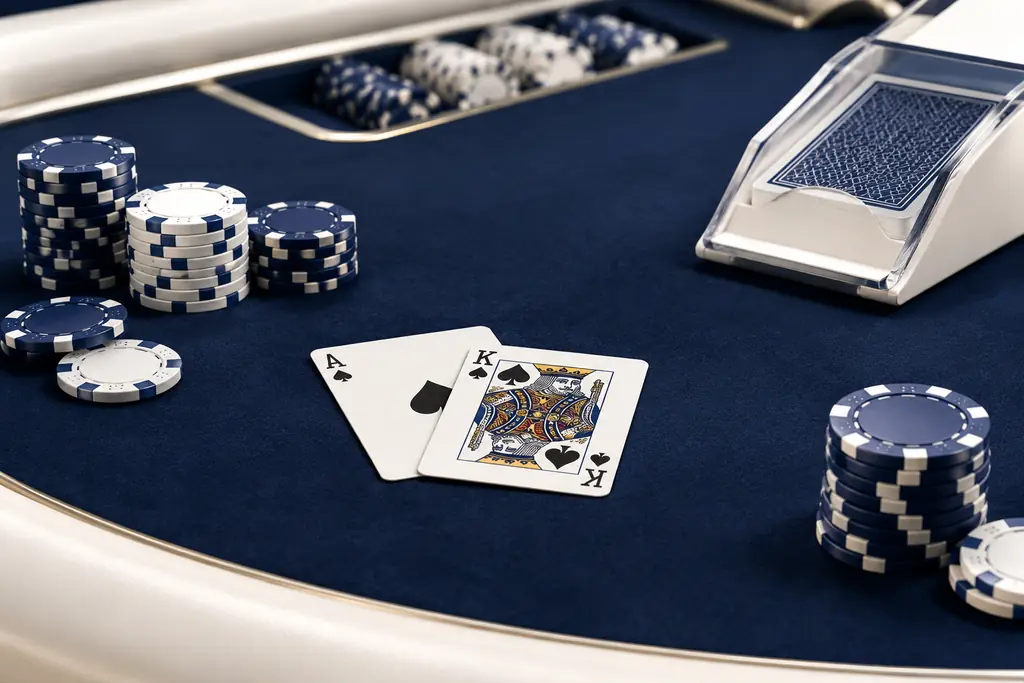 Ilustrasi meja blackjack dengan kartu As dan Raja, sepatu kartu, dan keping casino.