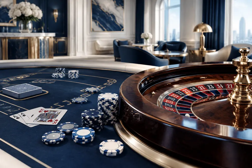 Ilustrasi ruang casino dengan meja roulette, kartu, dan keping berwarna biru tua.