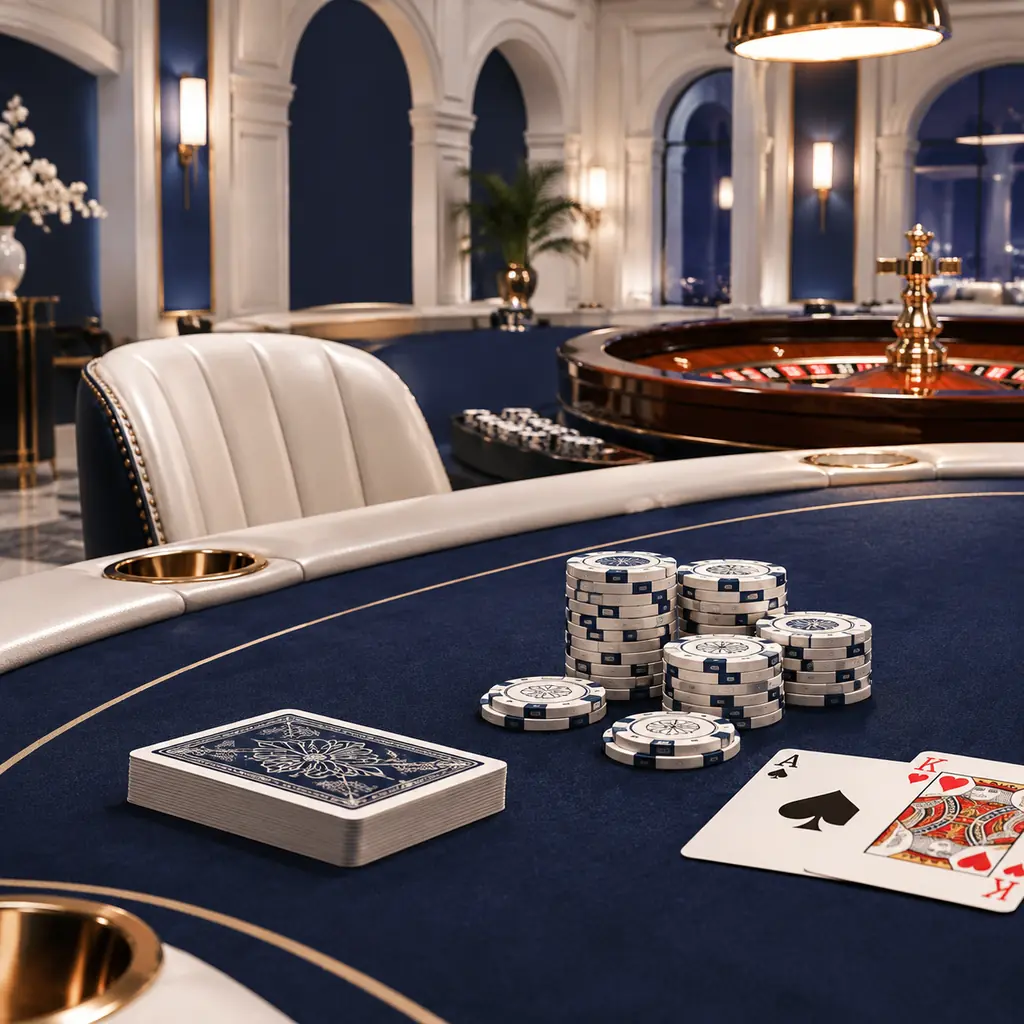 Ilustrasi meja casino dengan kartu, keping, dan roda roulette di ruang berwarna putih dan biru tua.