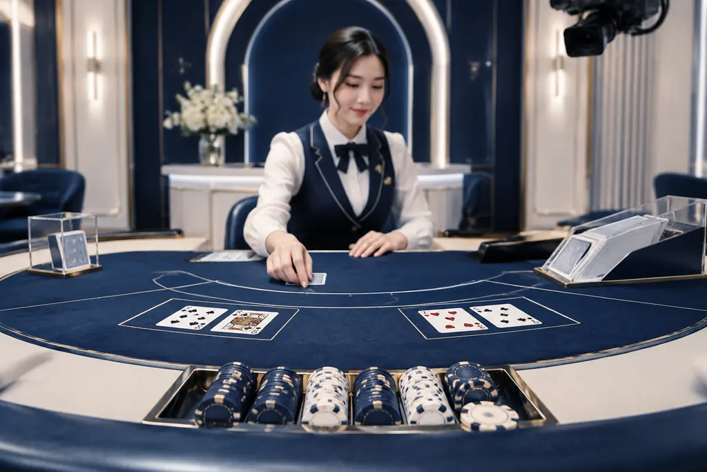 Ilustrasi meja casino langsung dengan kartu, keping, kamera, dan dealer dewasa di latar.