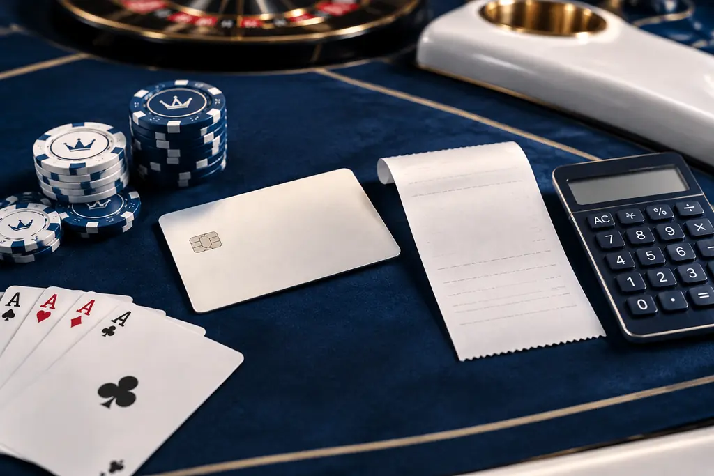 Ilustrasi kartu tanpa identitas, tanda bukti kosong, kalkulator, dan keping casino.