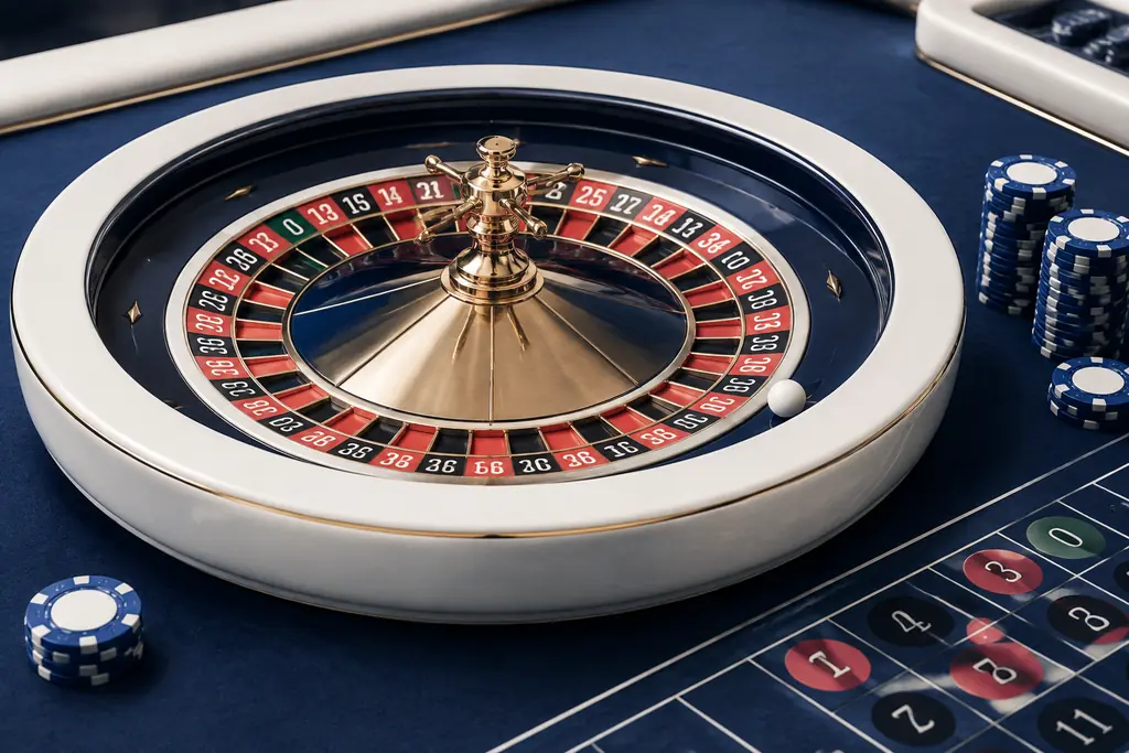 Ilustrasi roda roulette, bola putih, dan keping pada meja casino.