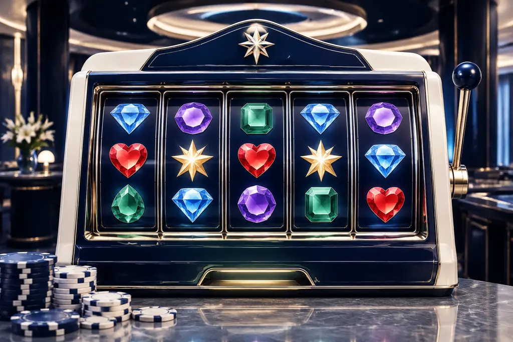 Ilustrasi mesin slot casino bertema permata berwarna dengan motif bintang.