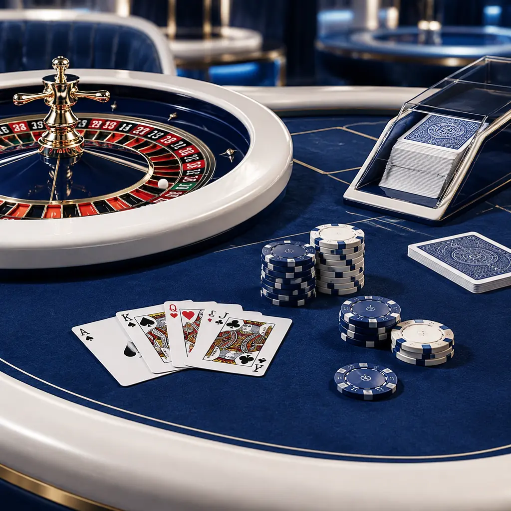 Ilustrasi roulette, kartu blackjack, dan sepatu kartu baccarat dalam satu meja casino.